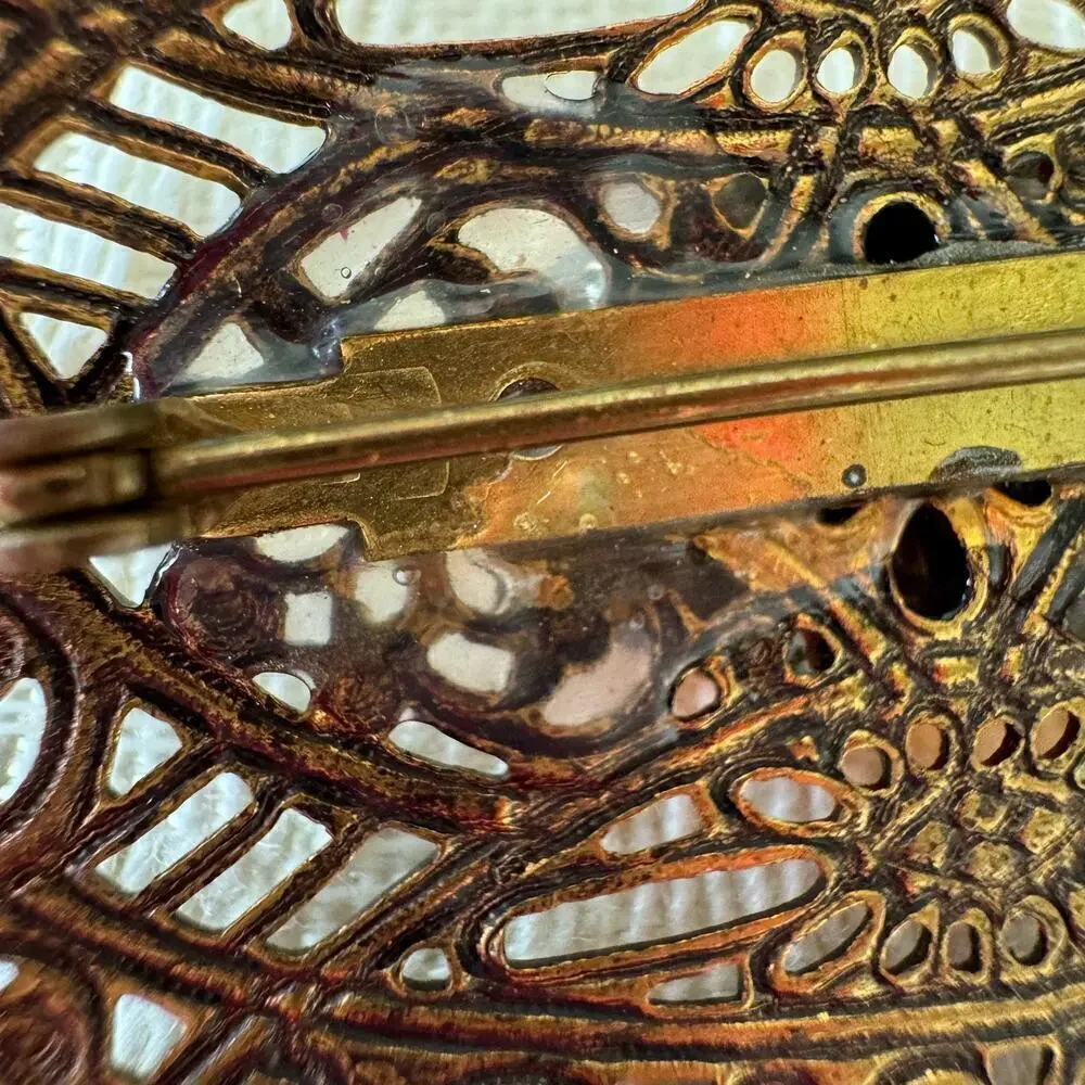 Vintage Large Filigree Faux Citrine Brooch Repaired Clasp 1930’s Art Deco